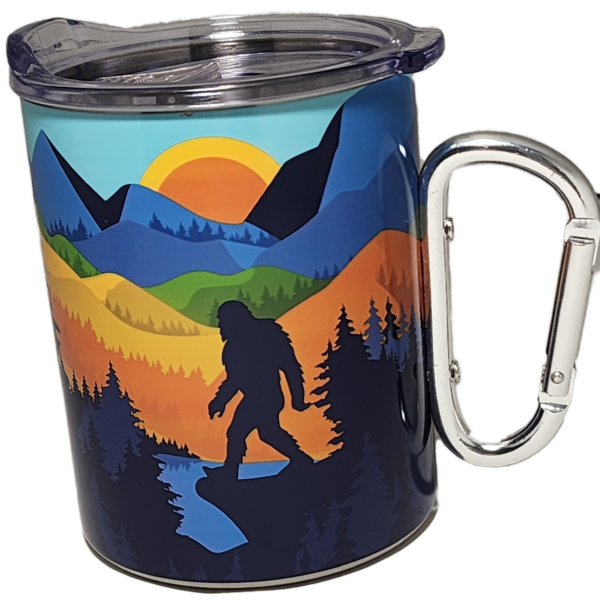 A cup with a handle and a picture of a bigfoot.