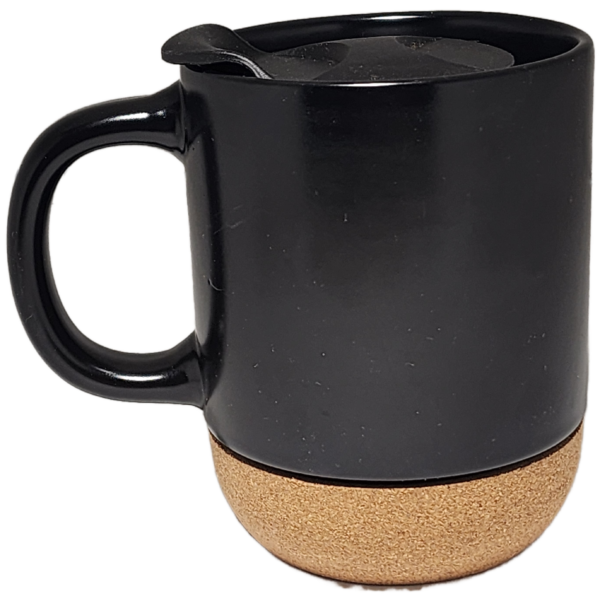 A black mug with cork bottom and lid.