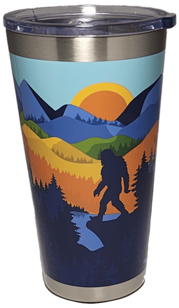 A cup with an image of a bigfoot on it.