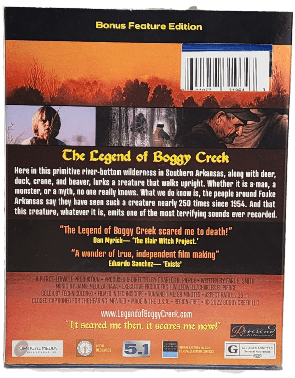 A dvd cover for the movie, " the legend of boggy creek ".