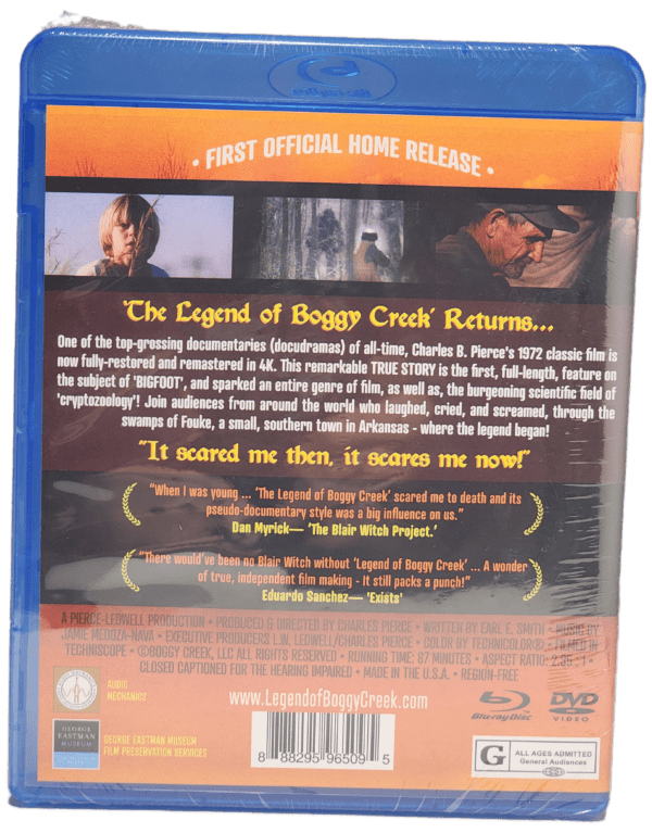 A blue-ray disc of the movie, " the legend of boggy creek returns ".