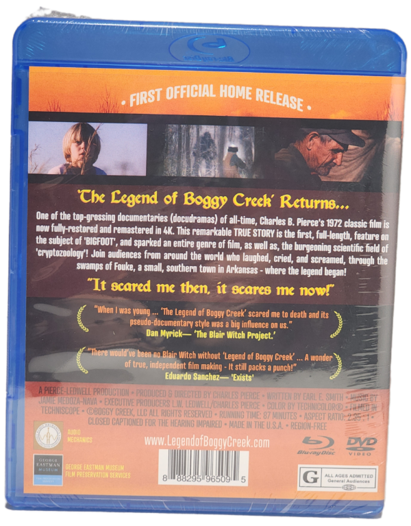 A blue-ray disc of the movie, " the legend of boggy creek returns ".