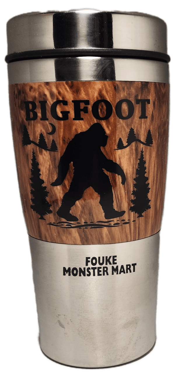 A close up of the side of a bigfoot mug