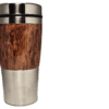 A stainless steel travel mug with wood on the bottom.