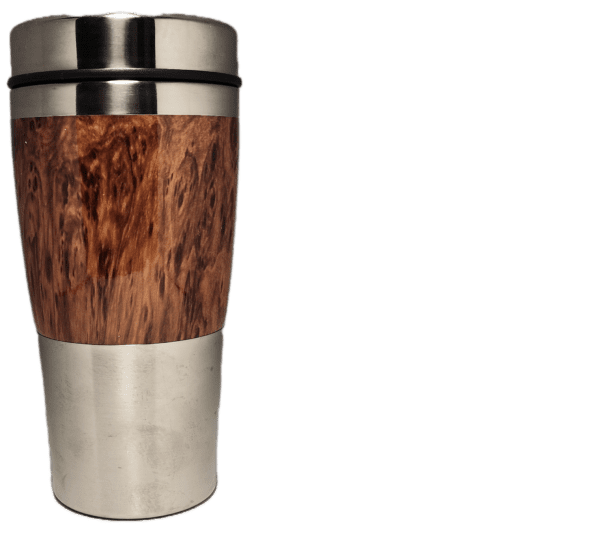 A stainless steel travel mug with wood on the bottom.