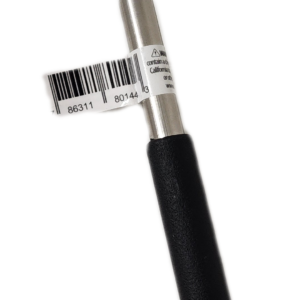 A black and silver pen with a barcode tag on it.