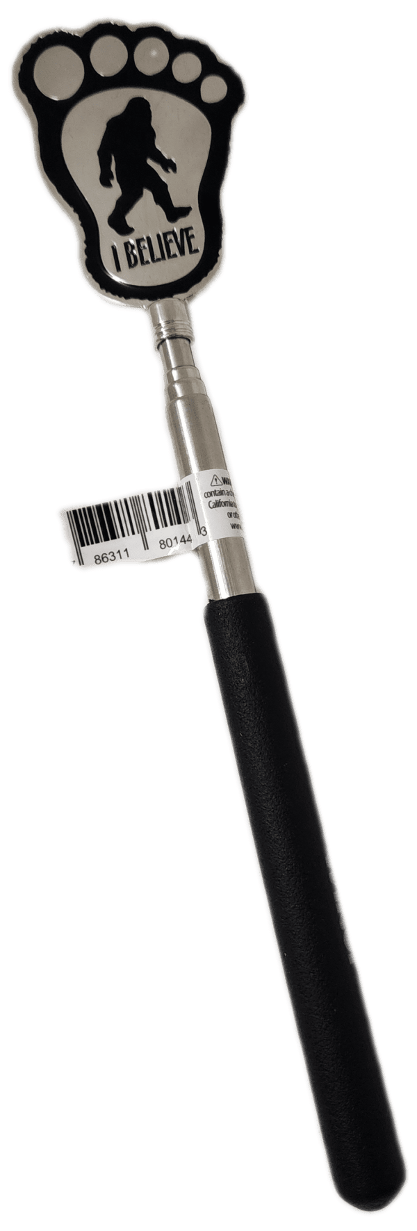 A black and silver pen with a barcode tag on it.