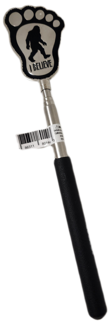 A black and silver pen with a barcode tag on it.