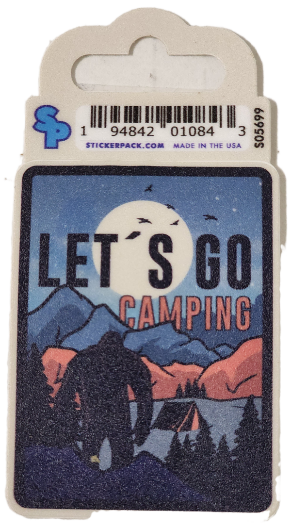 A sticker of a bear and mountains with the words " let 's go camping ".