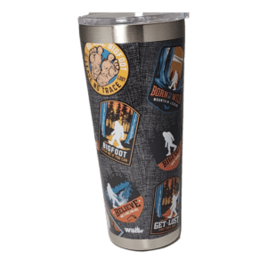 A stainless steel cup with a picture of bigfoot on it.