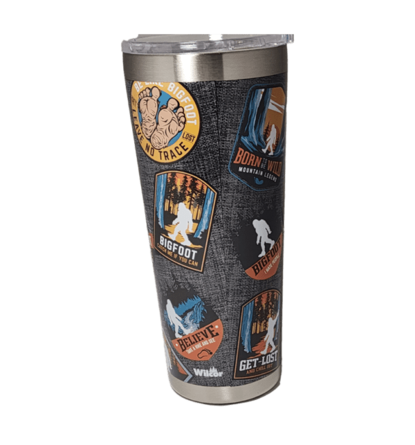 A stainless steel cup with a picture of bigfoot on it.