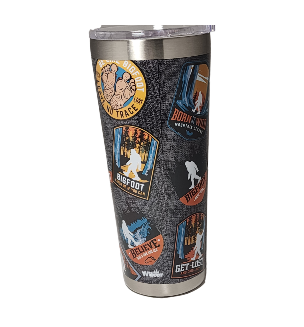 A stainless steel cup with a picture of bigfoot on it.