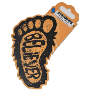 A sticker of a foot print with the word " believer " written on it.