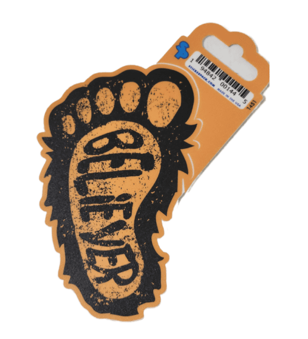 A sticker of a foot print with the word " believer " written on it.