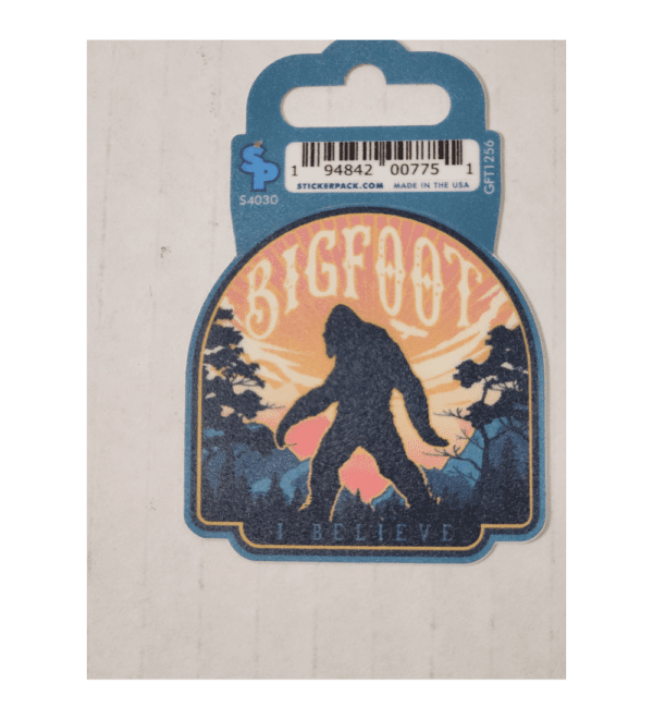 A sticker of a bigfoot in the background.