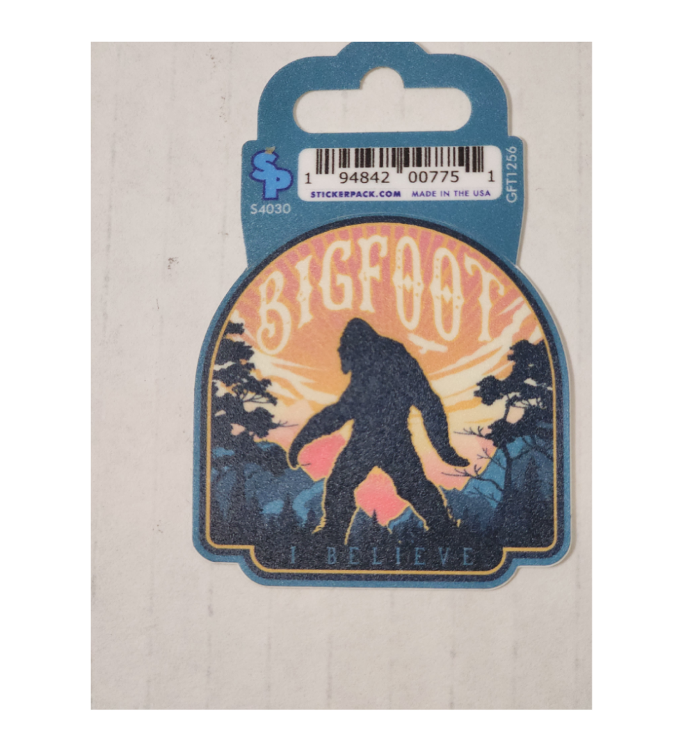 A sticker of a bigfoot in the background.