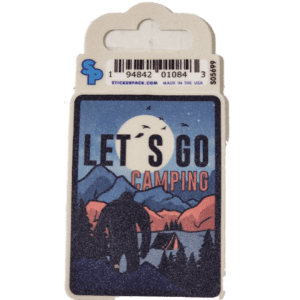 A package of camping stickers with a picture of a bear and mountains.