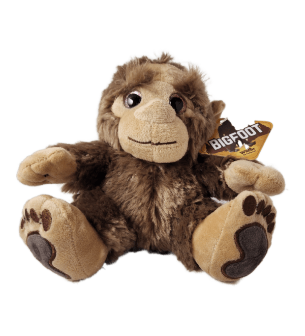 A stuffed monkey with a tag on its ear.