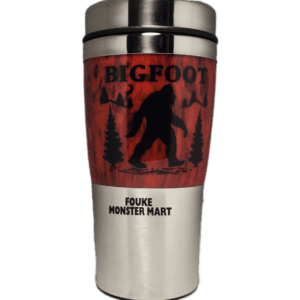 A stainless steel travel mug with a picture of bigfoot on it.