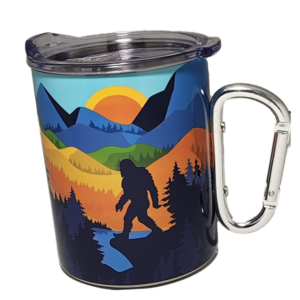 A cup with a handle and a picture of a bear.