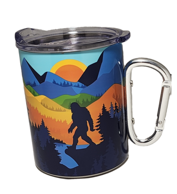 A cup with a handle and a picture of a bear.