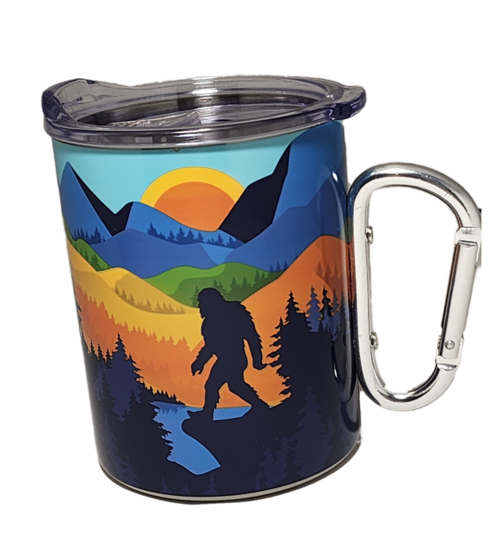 A cup with a handle and a picture of a bear.