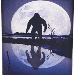 A large, dark silhouette of a man standing in front of the moon.