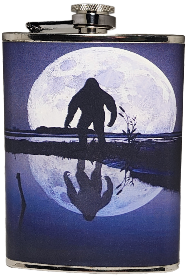 A large, dark silhouette of a man standing in front of the moon.