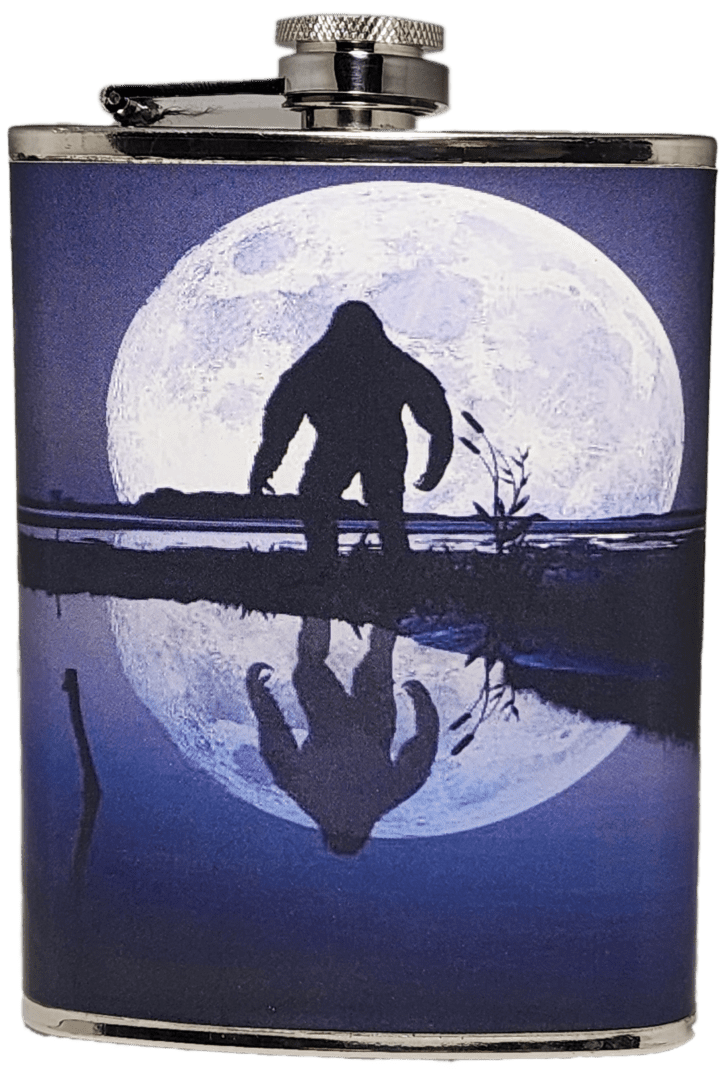 A large, dark silhouette of a man standing in front of the moon.