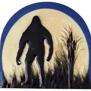 A painting of a bigfoot in front of the moon.