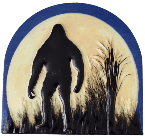 A painting of a bigfoot in front of the moon.