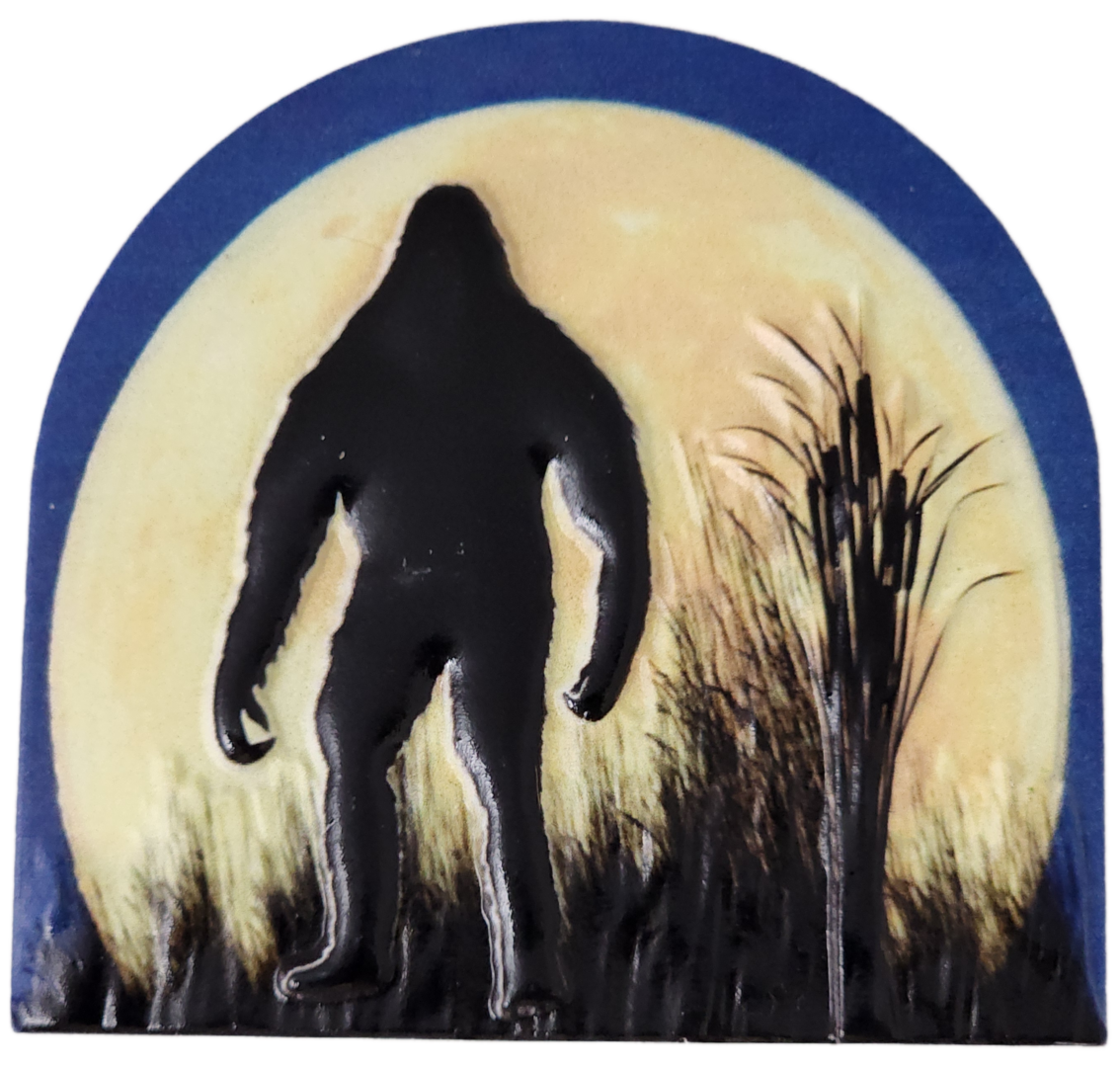 A painting of a bigfoot in front of the moon.