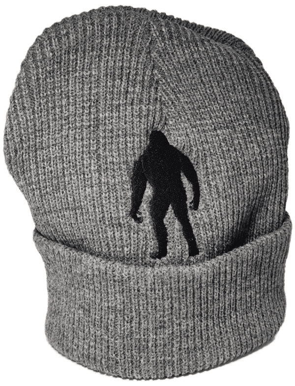 A gray hat with an image of a bigfoot.