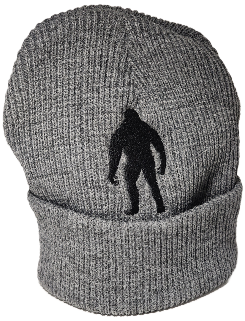 A gray hat with an image of a bigfoot.