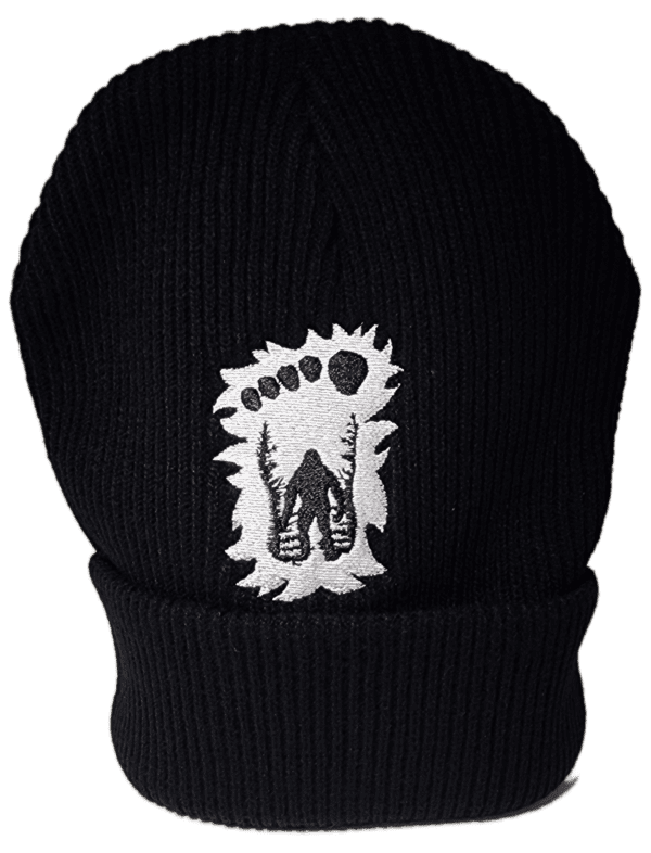 A black beanie with a white foot print on it.