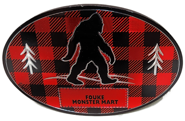 A red and black plaid plate with a bigfoot on it.