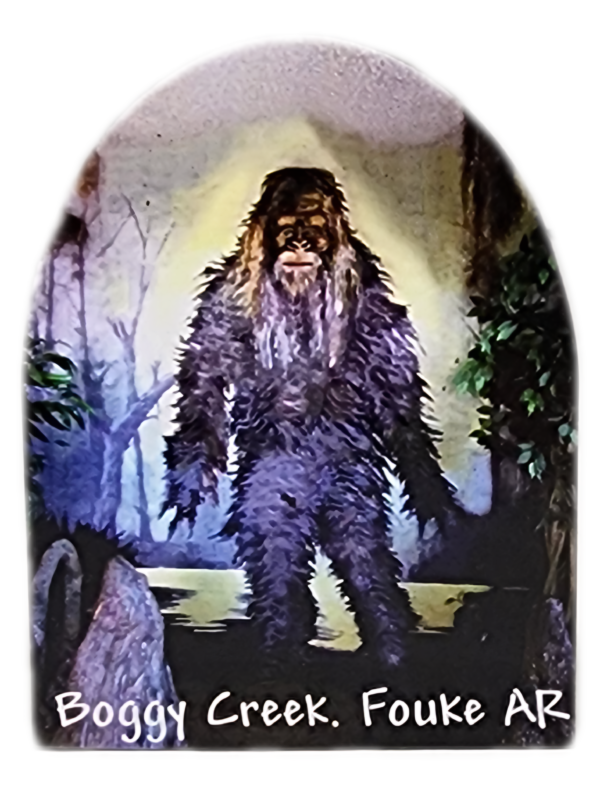 A painting of a bigfoot in the woods.