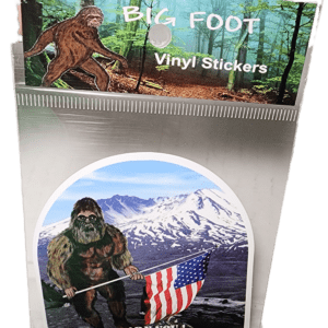 A sticker of an american flag and a bigfoot.