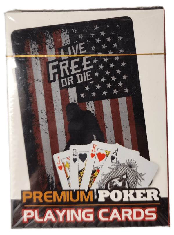 A deck of cards with the american flag and poker hands.