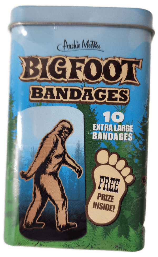 A box of bandages with an image of bigfoot on it.