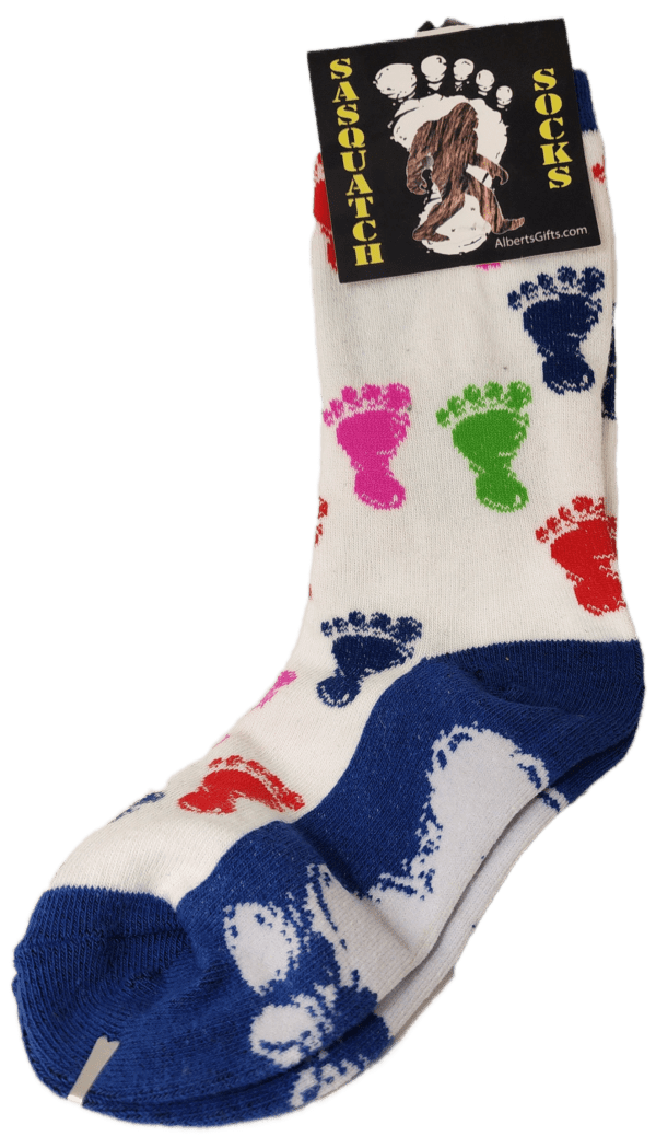 A pair of socks with footprints on them.