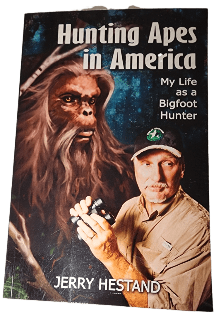 A book cover with a man and a bigfoot.