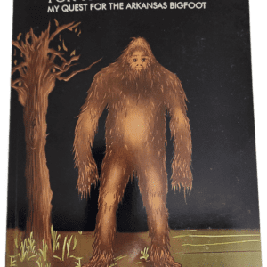 A painting of a bigfoot standing in front of trees.