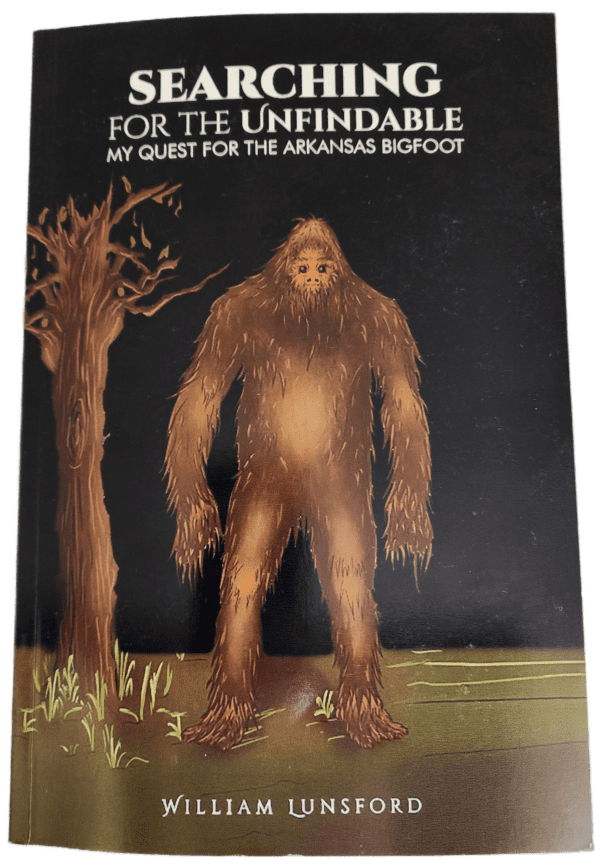 A painting of a bigfoot standing in front of trees.