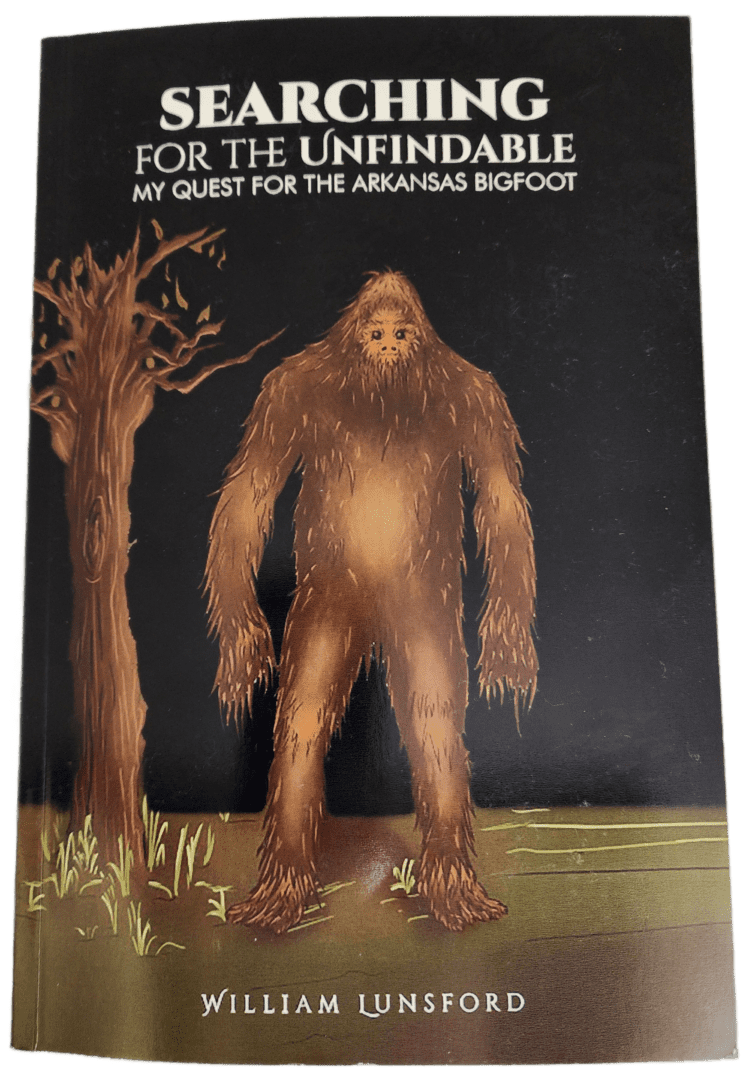 A painting of a bigfoot standing in front of trees.