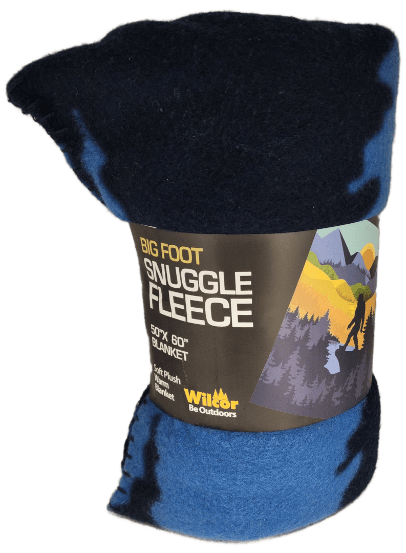 A blue blanket with the words " big foot snuggle fleece ".