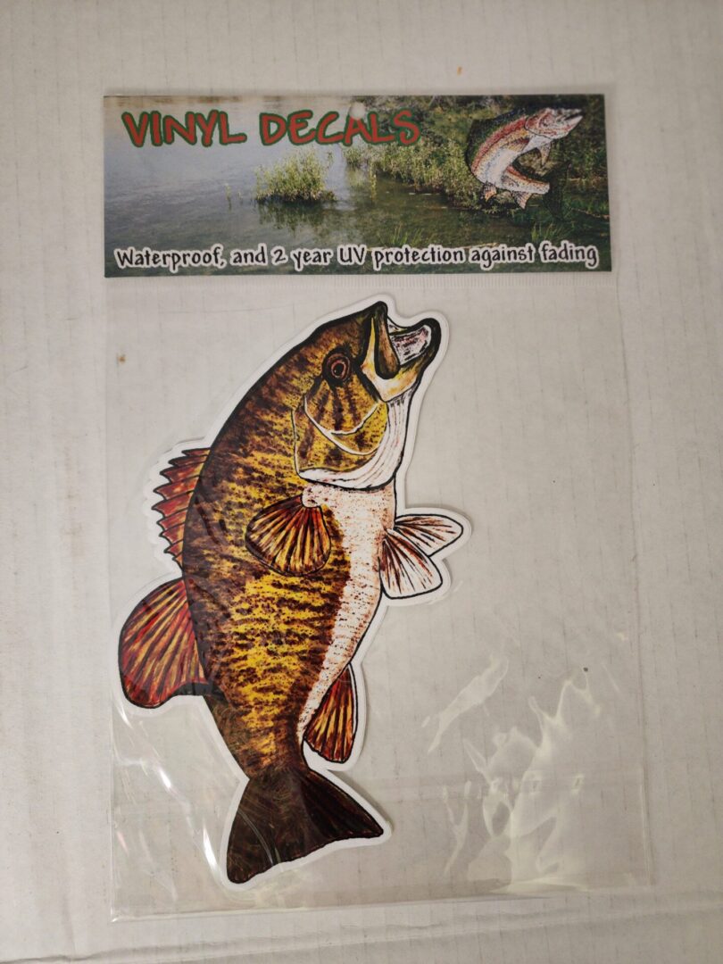 A fish sticker is shown on the back of a package.