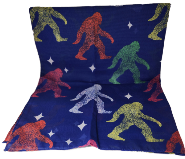 A pillow with colorful bigfoot print on it.