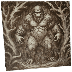 A drawing of a bigfoot creature in the woods.