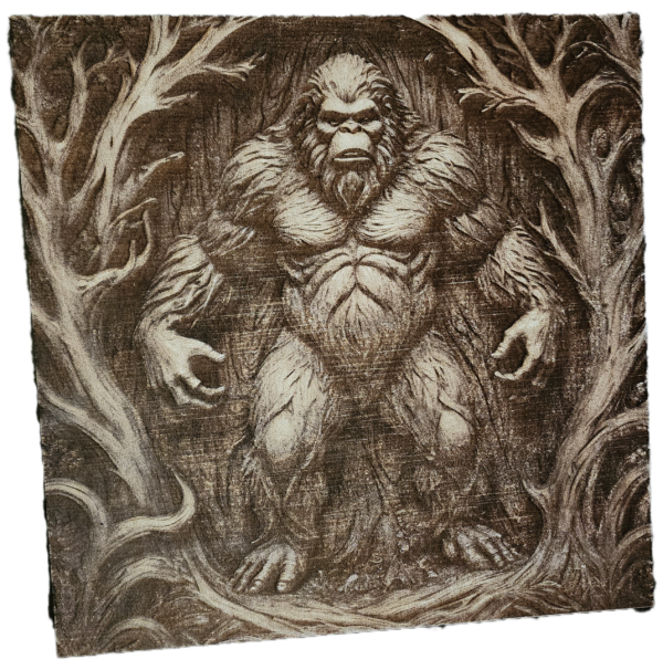 A drawing of a bigfoot creature in the woods.